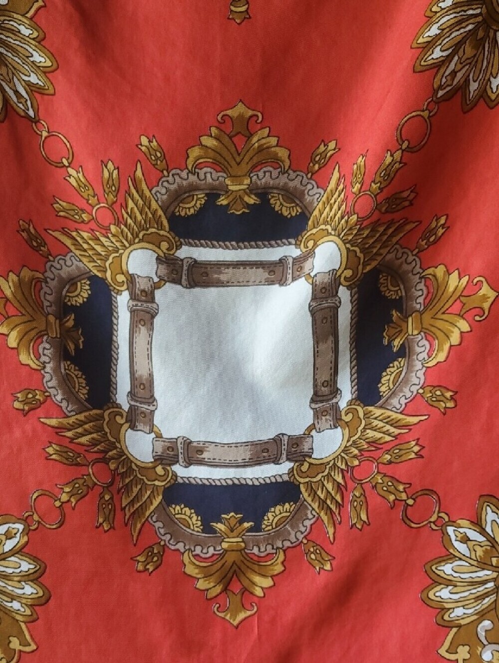 Decorative Equestrian Red and Navy Baroque Silk-Feel Scarf - Picture 2 of 7